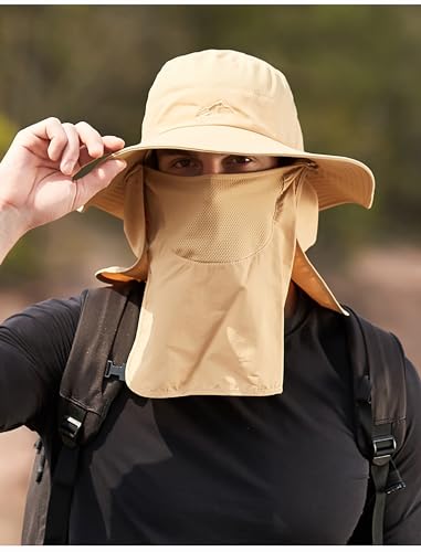 Sun Hat for Men Women, Summer UV Sun Protection Wide Brim Fishing Hat for Men with Face Cover & Neck for Hiking - color: Khaki(with Face Cover & Neck Flap)