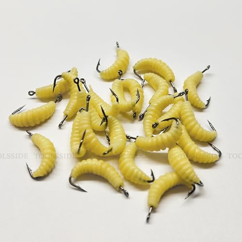 Bluegill Bait 24 Rubber Maggots with Hooks #10 Crappie Trout Panfish Lures | 24 Hooks + 24 Worms | Wax Worm Lure Grubs | Small Hook Micro Jig Soft Bait for Panfish Crappie | Freshwater Fishing Kit