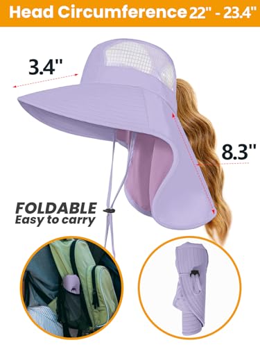 Sun Hats for Women UV Protection with Neck Flap Wide Brim Beach Hats with Ponytail Hole for Hiking Fishing Gardening Travel - color: Light Purple