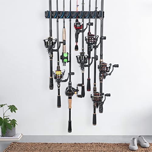 PLUSINNO 4 Pack Vertical Fishing Rod Rack, Wall Mounted Fishing Rod holder, 4 Packs Fishing Pole Holders Hold Up to 36 Rods or Combos, Fishing rod holders for garage, Fishing Gear and Gifts for Men - style: Blue 4-pack (store 36 combos)