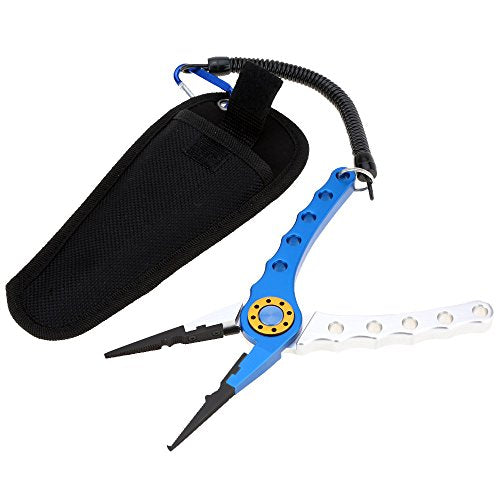 Lixada Fishing Pliers Saltwater Aviation Aluminum with Sheath and Lanyard - Braid Cutters Split Ring Pliers Hook Remover Line Cutting Stainless Steel Jaw Fish Holder, Durable & Lightweight - color: Blue & Silver