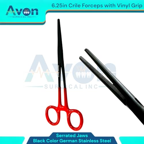 1 Piece Multi-Purpose Hemostat Pliers Forceps, 6.25in, with Vinyl Red Grip, Serrated Jaws - Black - Stainless Steel - for Fishing, Electronics, Crafts, and More.