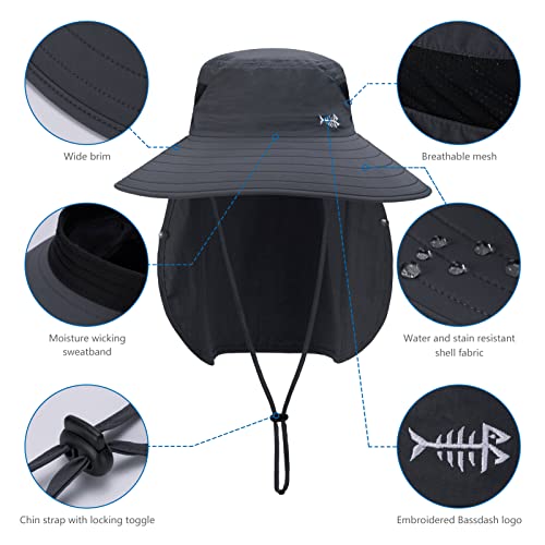 BASSDASH UPF 50+ Breathable Sun Hat with Removable Face Cover and Neck Flap Wide Brim Bucket Hat for Fishing Hiking Men Women - color: Dark Grey
