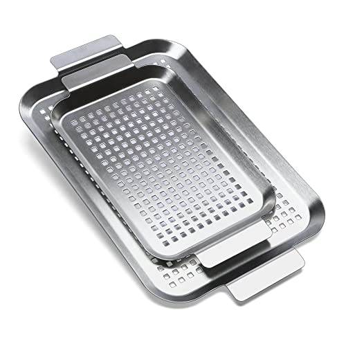 Grill Pan Set of 2, BBQ Grill Topper for Outdoor Grill, Stainless Steel Grilling Baskets with Holes and Handles, Perforated Food Tray Barbecue Accessories for Vegetable, Fish, Meat, Seafood