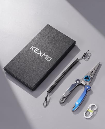 KEXMO 17-4 Stainless Steel Fishing Pliers, Anti-Twist Saltwater Hook Remover Tool, 7.17" Split Ring Pliers with Tungsten Cutters, Lightweight Aluminum Scales, Luminous Locking S-Carabiner - color: Blue
