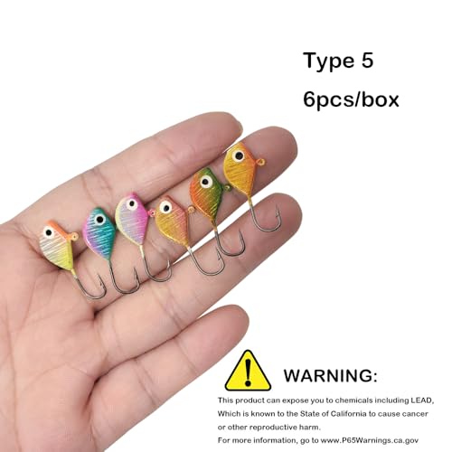 Ice Fishing Jigs Glow Fishing Bait Jigging Hook Kit Winter Metal Hooks for Crappie, Panfish, Walleye, Bluegills and Other Species - style: Style5-6pcs
