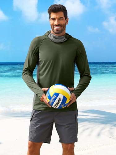 PINSPARK Men's Sun Protection Hoodie with Mask UPF 50+ UV Long Sleeve Shirt Men Rash Guard Performance Fishing Hiking Shirt - color: Army Green, size: XX-Large