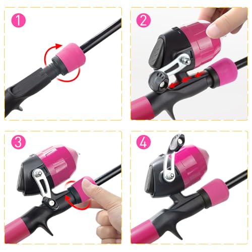 Kids Fishing Pole Kit, 59'' Telescopic Rod and Reel Beginner Combo with Spincast Reel,Tackle Box, Carrier Bag,Fishing Gear for Boys,Girls, Toddler,Youth - color: Pink