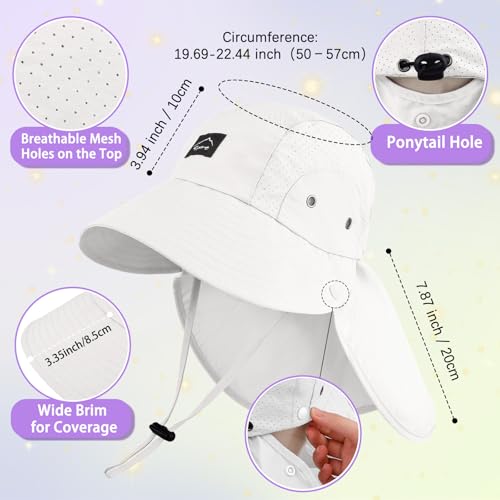 Kids Sun Hat with Detachable Neck Flap for Boys & Girls Wide Brim Fishing Hat for Kids Water Resistant UV Protection - color: 1 Pack-pure White