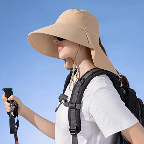 HUAMULAN Men Summer Sun Hat Women Safari Wide Brim Fishing Hats UV Protection Neck Flap Bucket Gardening Hiking Hunting Cap - color: Bg8112-kakhi