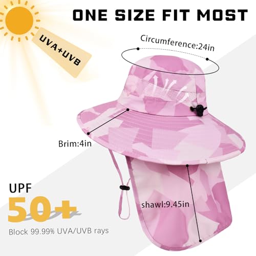 Sun Hats for Men Women, UPF50+ Protection Safari Hat,Wide Brim Fishing Hat with Neck Flap,Bucket Hats for Beach Hiking - color: Camopink