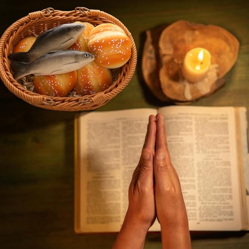 Shappy 8 Pcs Jesus Miracle Loaves and Fish Decorations Include 2 Fake Fish and 5 Fake Artificial Bread with a Basket Sunday and Religious Learning Activities (Ocean Carp) - style: Ocean Carp