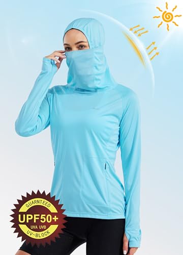Willit Women's UPF 50+ Sun Protection Hoodie - Breathable Mesh Face Cover & Cooling Fishing Shirt with Pockets - color: Blue, size: XX-Large