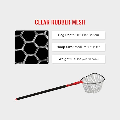 EGO S2 Slider Fishing Net Handle | Adjustable Extension Handle, Minimal Water Drag Design, Ergonomic Foam Grip for Landing Nets - size: 48" to 108" Handle, 17" x 19" Hoop, style: Lightweight Non-tangle Clear Rubber Mesh