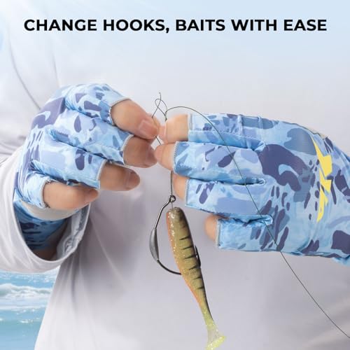 KastKing Agies Fishing Gloves Men, UPF 50+ Sun Gloves UV Protection, Cooling Quick-Dry 3/4 Fingerless Gloves with Extended Cuff, Microfiber Palm & Pull Tabs, for Fishing, Kayaking, Hiking, Hunting - color: X Camo-Blue, size: Small-Medium