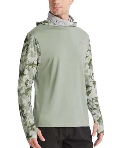 FISHEAL Men's Performance Fishing Hoodie Shirt - UPF 50+ UV Sun Protection Long Sleeve Shirts with Mesh Face Mask - color: Olive Green Camo, size: X-Large
