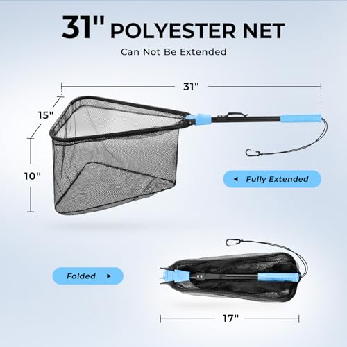 Calamus Triangle Fishing Net, Foldable, Lightweight & Strong Landing Net with Non-Slip Elastomer Handle, Built-in Elastic Lanyard and Belt Clip, Fishing Gear - Gift for Men - style: 31" Full (Fixed Pole)