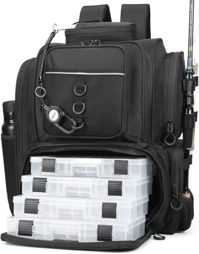 WANOON Fishing Backpack,Tackle Bag,with Tackle Boxes. Large Fishing Bag, Strong Materials - color: Black, size: 42L-With Tackle Boxes