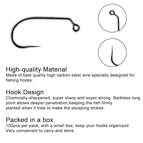 Eupheng Fly Fishing Hooks 100pc Pack Barbless Catch & Release Dry Wet Nymph Shrimp&Pupa, Streamer, Caddis, Jig, Scud Flies Fishing Hooks - color: EP Fly-C&R-JIG-0051, size: #10