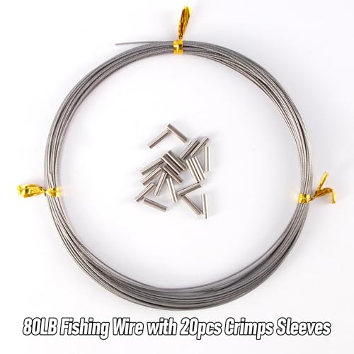 Alwonder 32.8ft Fishing Wire Fishing Leader Line with 20pcs Crimps Sleeves, Nylon Coated 1x7 Stainless Steel Leader Wire Freshwater Saltwater for Pike, Billfish, Bluefish, Muskie, Wahoo - size: 80LB