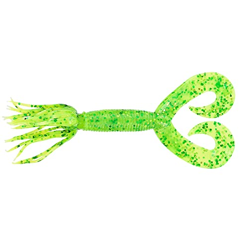 Yamamoto 5" Double Tail Hula Grub - Realistic Easy-to-Use Soft Plastic Fishing Lure Bait with Free-Flowing Skirt - 10 Pack - size: 5 inch, style: Chartreuse With Large Chartreuse and Large Green Flake