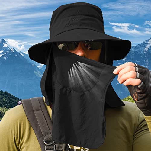 Fishing Hat for Men Sun Protection Hat with Removable Mesh Face Neck Flap Cover Windproof Strap for Men and Women - color: Black
