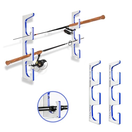 TRAPSKI Made in the USA Premium Fishing Rod/Pole Holder Rack Organizer | Wall or Boat Mounting Fishing Rod Rack | Marine Grade HDPE Plastic | Pole Holder for up to 3 Rods | Stackable - color: H3 White/Blue