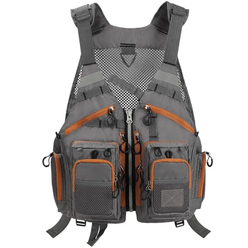 Gonex Fly Fishing Vest for Men Women, Comfortable Adjustable Fishing Vest with Multi-Pockets Reflective Stripes - color: Gray+brown