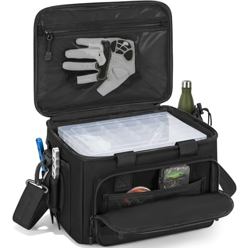 Fishing Tackle Bags with 4 * 3600 Tackle Boxes - Saltwater & Freshwater Compatible, Water Resistant & Durable Fishing Bags with Padded Shoulder Strap-Pliers and Gear Storage (Black) - color: Black, style: With 4 Tackle Boxes