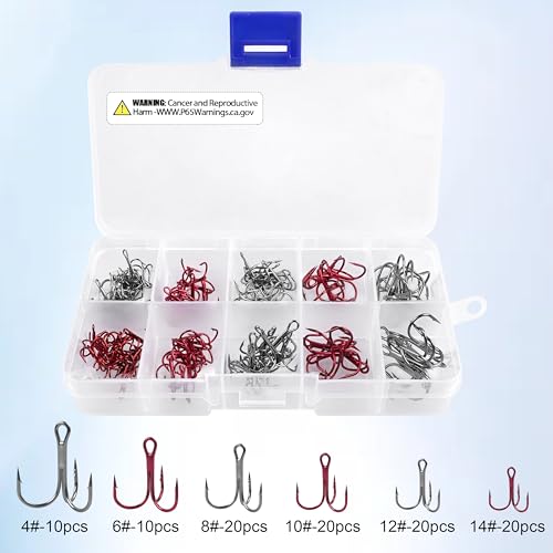 Fishing Treble Hooks Kit, 100pcs Triple Hooks Assortment Red Black Treble Fishing Hooks Sharp Round Bend High Carbon Steel Strong Replacement Fishing Hooks for Saltwater Freshwater