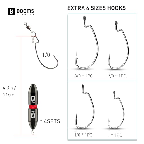 Booms Fishing TR1 Tokyo Rig, Pre Rigged Punch Shot Rig, Replaceable Hook Punchshot Kit, Bass Fishing Accessories Including Brass Bullet Weights, EWG Hooks, Barrel Swivel, Split Ring, Steel Wire, Bead - color: Black_1/2oz_4pack