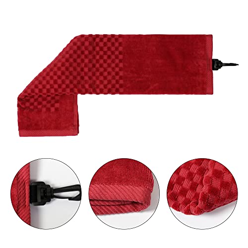 Cotton Golf Towel with Clip - Tri-fold Golf Towel for Men & Women, Checkered Pattern Design (Red) - color: Red