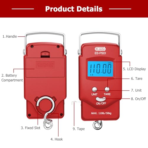Dr.meter Fish Scale Luggage Scale Fishing Gear - 110lb Backlit LCD Display Digital Scale with Built-in Measuring Tape - Fishing Scale with 2 AAA Batteries, Pocket Size - Fishing Gifts for Men - color: Red