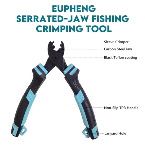 Eupheng Fishing Crimping Pliers Tools Secure Crimp Without Damaging Line, 6-Tooth Serrated Jaws Crimper with 240pcs Copper Sleeves, 5.9in Carbon Steel for Saltwater & Freshwater - color: Crimping Pliers (Blue)