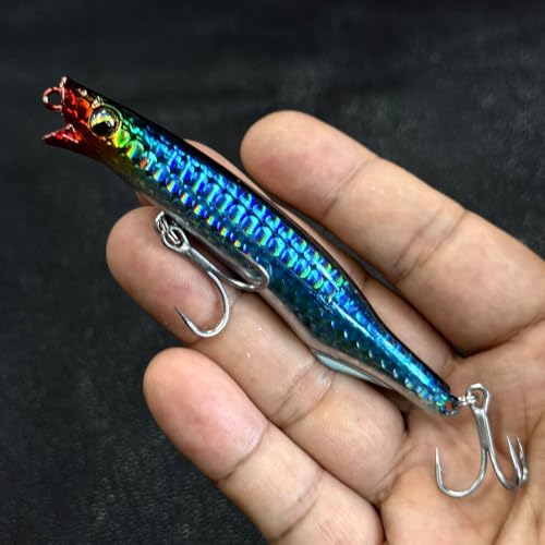 Saltwater Fishing Lures Kit, 3pcs Fishing Sriper Lures Minnow Lures Deep Diving Jerkbait, Crankbait Popper Plugs Hardbaits with Treble Hooks for Inshore Offshore Ocean Sea Fishing (A1-3.7'' 0.75oz)