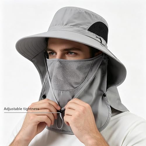 Sun Hat for Men and Women, UPF 50+ UV Protection, Wide Brim Breathable, Fish Hat with Neck Flap and Breathable Face Mask - color: Light Gray