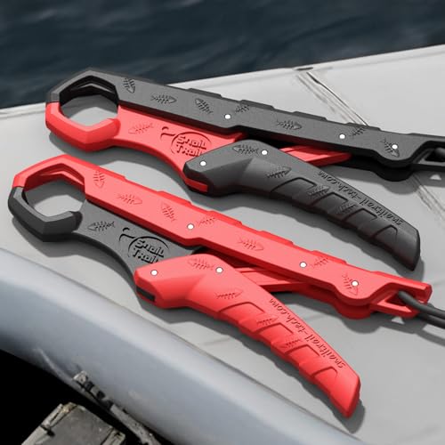 SNAIL TRAIL 7.5'' Floating Fish Gripper, Fishing Grabber | Catfish Mouth Pliers, Caught Bass Holder, Fish Scale Hook Clamp, Saltwater Lip Grip Tool with Lanyard, Gifts for Men - color: Red-black