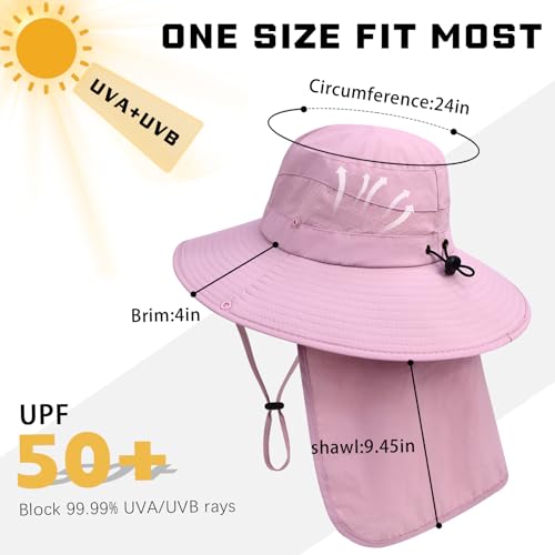 Sun Hats for Men Women, UPF50+ Protection Safari Hat,Wide Brim Fishing Hat with Neck Flap,Bucket Hats for Beach Hiking - color: Pink1