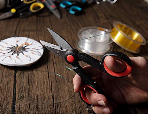 BXIO Fishing Scissors with Fishing Lanyard and Nylon Sheath, Braided Line Tools, Heavy Duty Anti-Slip Fiber Cable Cutter, Stainless Steel Fishing Pliers Scissors with Grinding Hook Tool - color: Black Red
