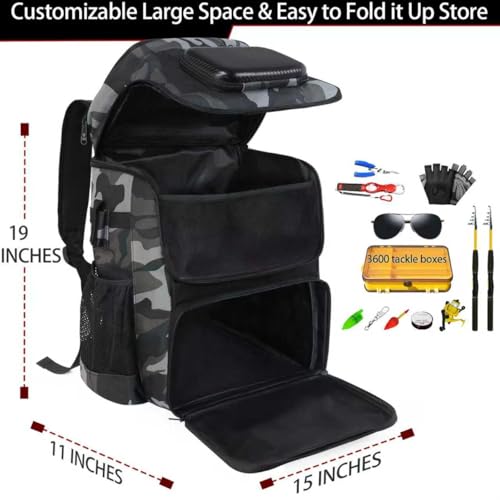Fishing Backpack with Rod Holder, Large 50L Tackle Bag Water Resistant Tackle Backpack Heavy Duty Fishing Bag Gift for Men Woman - color: Camo Gray with 4 Tackle Boxes