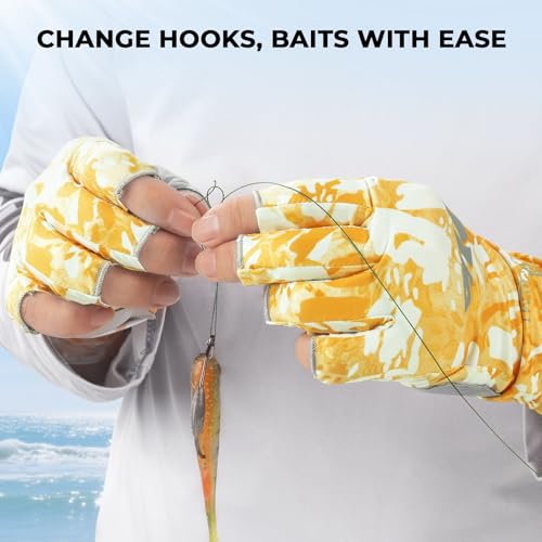 KastKing Agies Fishing Gloves Men, UPF 50+ Sun Gloves UV Protection, Cooling Quick-Dry 3/4 Fingerless Gloves with Extended Cuff, Microfiber Palm & Pull Tabs, for Fishing, Kayaking, Hiking, Hunting - color: X Camo-Mahi, size: Large-X-Large