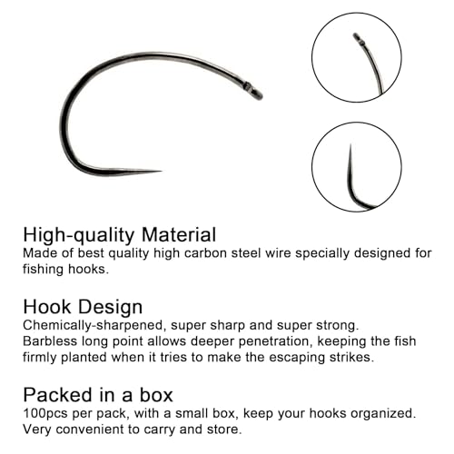 Eupheng Fly Fishing Hooks 100pc Pack Barbless Catch & Release Dry Wet Nymph Shrimp&Pupa, Streamer, Caddis, Jig, Scud Flies Fishing Hooks - color: EP Fly-C&R-NYM-0031, size: #8