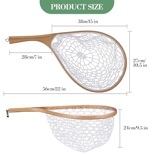 Portable Wooden Fly Fishing Net with Soft Silicone Mesh - Ideal for Trout & Bass Catch and Release - Essential Freshwater & Saltwater Gear for Anglers White Curved Handle Large - color: White Curved Handle