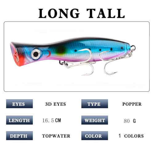 Popper Fishing Lure, JAZALIC 1 PCS Topwater Popper Lures 3D Eyes Fishing Accessories for Saltwater Surface Casting and Freshwater Gt Tuna Kingfish Large Predator Fish (6.3in, 2.82Oz) - color: Blue