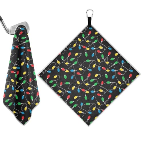 Christmas String Lights Black Pattern Magnetic Golf Towel for Men, 17.7"x17.7" Golf Bag Towel with Hidden Magnet & Carabiner Clip, Heavy Duty Golf Club Cleaner - color: Christmas String Lights Black