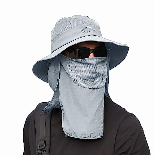 Sun Hat for Men Women, Summer UV Sun Protection Wide Brim Fishing Hat for Men with Face Cover & Neck for Hiking - color: Light Grey(with Face Cover & Neck Flap)