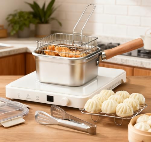 Stainless Steel Deep Fryer, Square Frying Pot with Basket and Lid Portable Deep Frying Pan with Handle Oil Strainer Pot Multifunctional Deep Fryer for Frying Fish Chicken and Fries