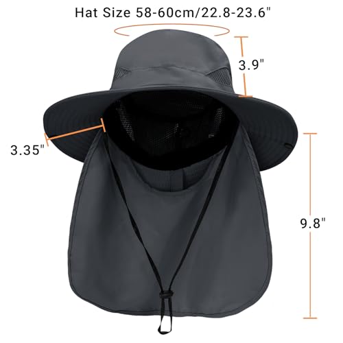 PFFY Sun Bucket Hats for Men Women Fishing Hat UV Protection Wide Brim Beach Safari Hat with Neck Flap - color: Khaki (With Neck Flap)
