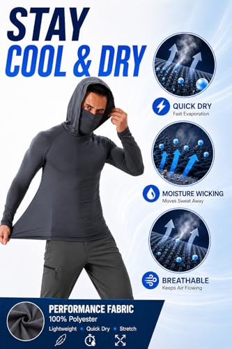3 Pack Men's UPF 50+ Sun Protection Hoodies, Long Sleeve Moisture Wicking Shirts with Face Mask for Fishing - size: Large