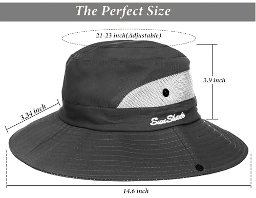 Sun Hat for Women Summer UV Protection Beach Hat Wide Brim Mesh Bucket Fishing Hat with Ponytail Hole Foldable Packable Hat - color: Grey(with Ponytail Hole)